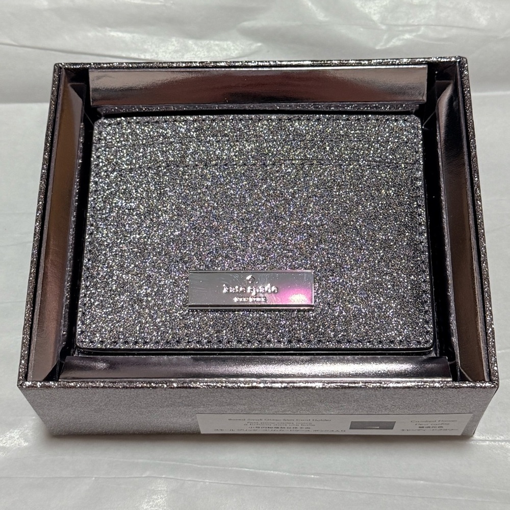 NWT Kate Spade Kenzie Boxed Glitter Small Card Holder in Silver Candied Flower - Picture 6 of 13